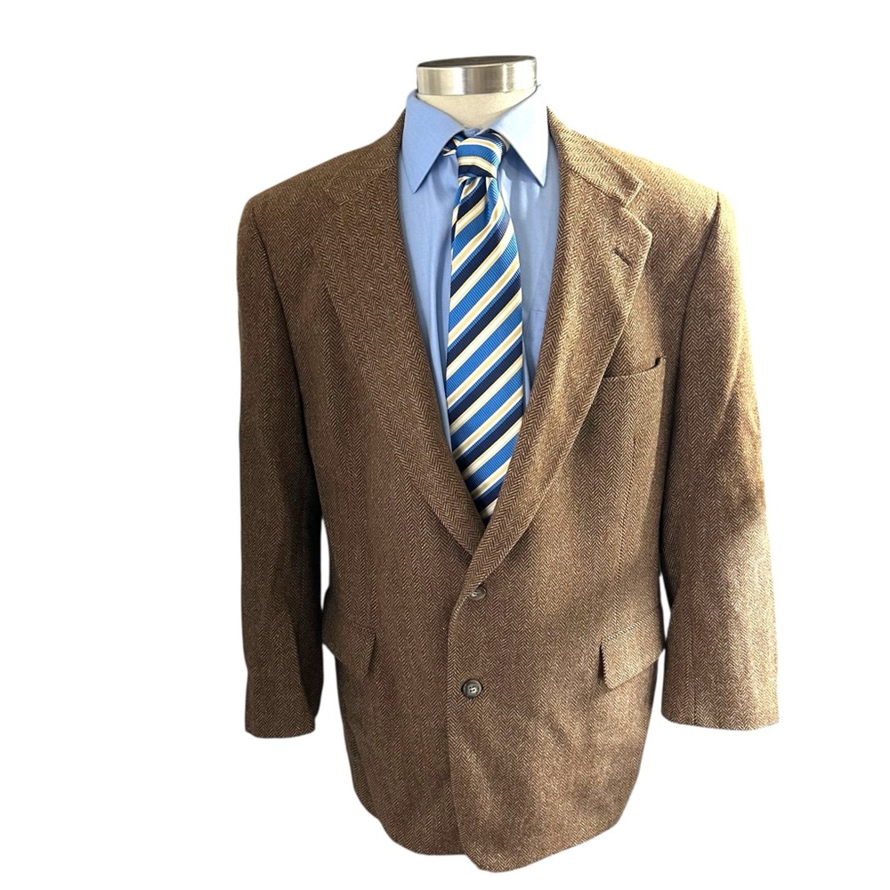 Jos A Bank Brown Herringbone 100% Wool 2 Button Sports Coat Sz 46L Suit Jacket